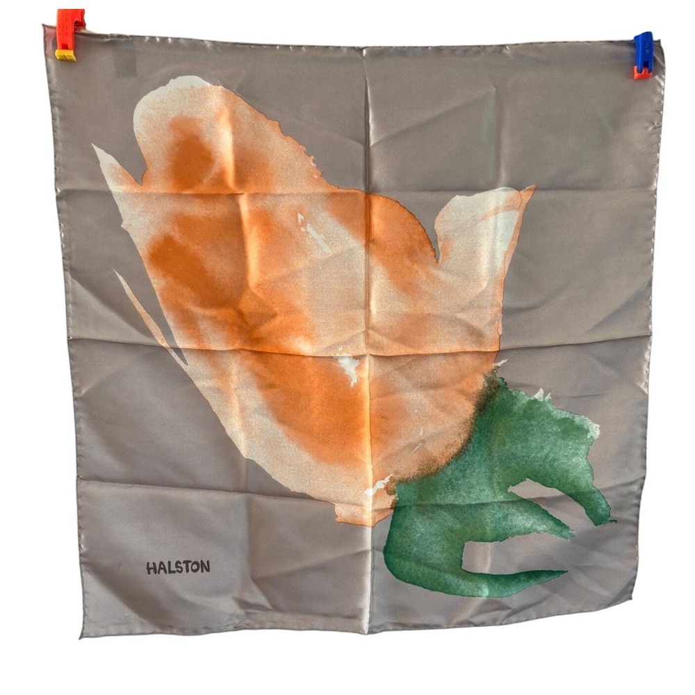 Halston Scarf Gray Orange Green Floral 100% Silk Square Vintage Hand Rolled 18"